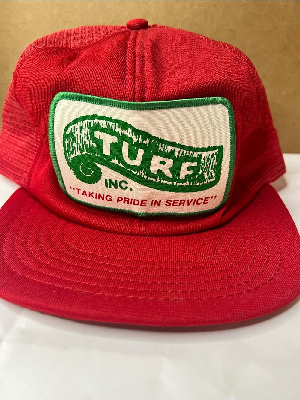 Vintage 70s/80s Turf Inc Red Mesh Trucker Hat with Green Patch